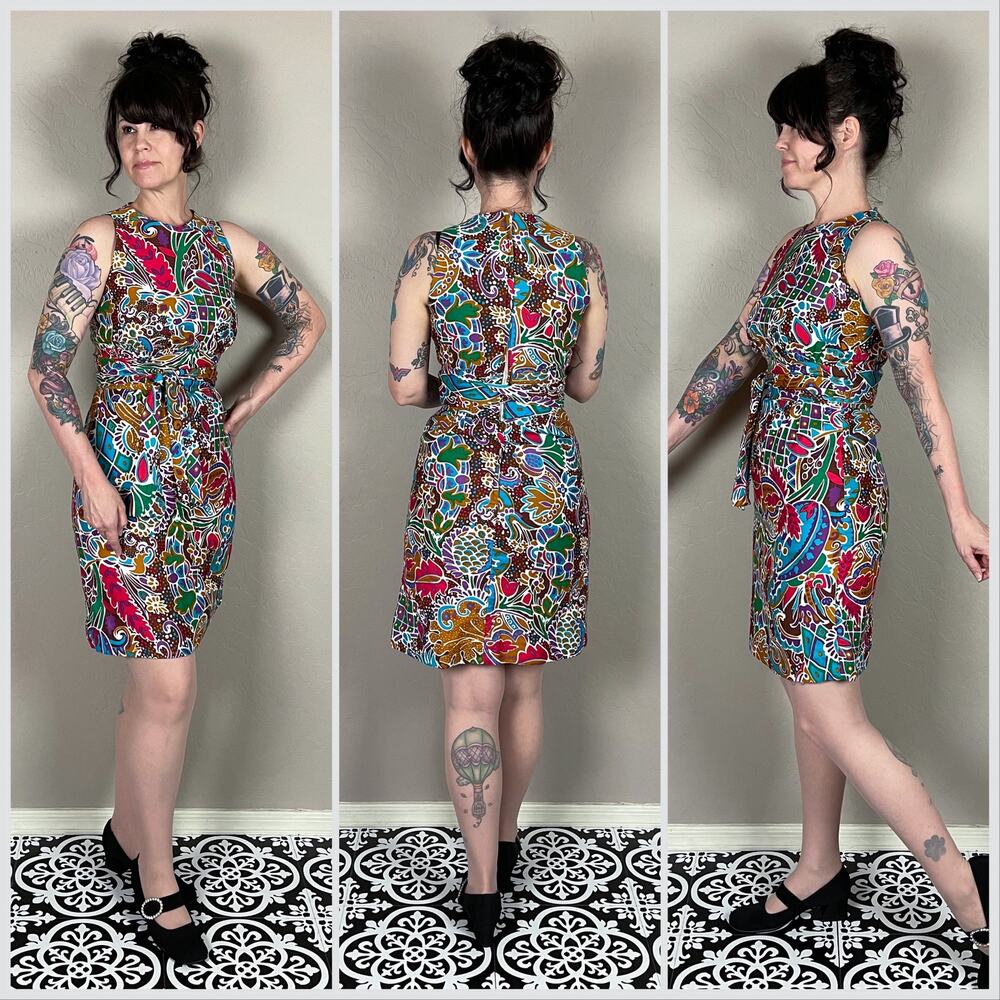 Vintage 1960s  Sleeveless Colorful Polished Cotton Minidress - Picture 3 of 9